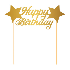 GOLD HAPPY BIRTHDAY CAKE TOPPER WITH STARS - 17CM