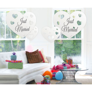 3 X JUST MARRIED HANGING HEART DECORATIONS