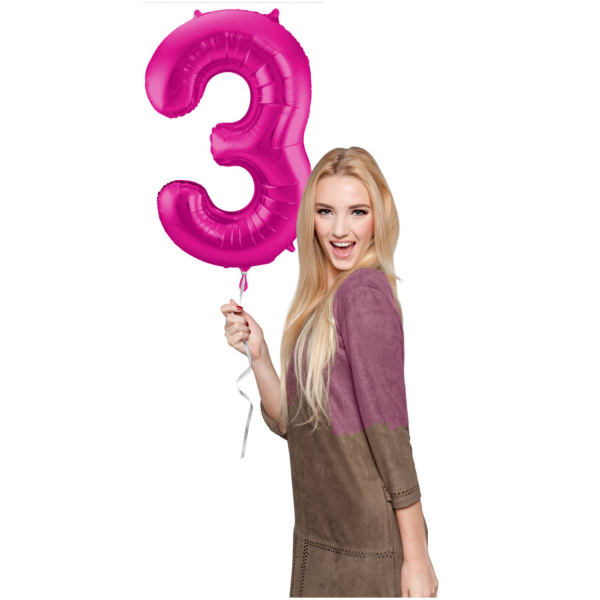 NUMBER 3 MAGENTA / HOT PINK METALLIC FOIL BALLOON - 86CM