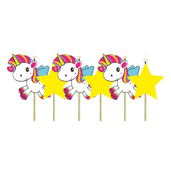 6 X CARTOON UNICORN BIRTHDAY CANDLES - 6CM