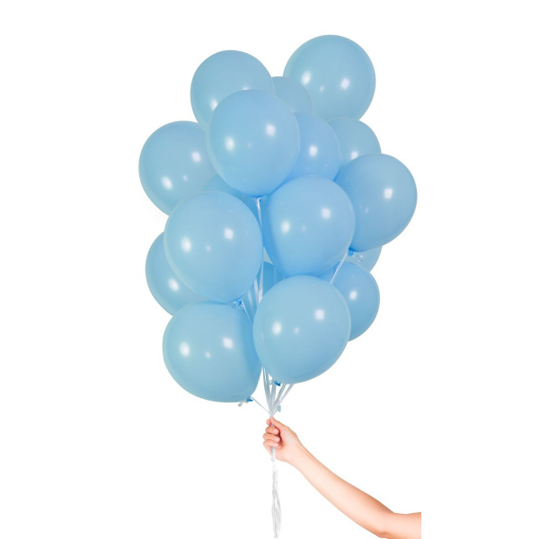 30 X BABY BLUE BALLOONS WITH RIBBON - 23CM