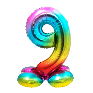 NUMBER 9 RAINBOW FOIL BALLOON WITH BASE - 72CM