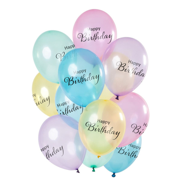 12 X HAPPY BIRTHDAY MULTICOLOURED PASTEL BALLOONS - 30CM