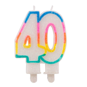 40TH BIRTHDAY MULTICOLOURED GLITTER CANDLE - 9CM