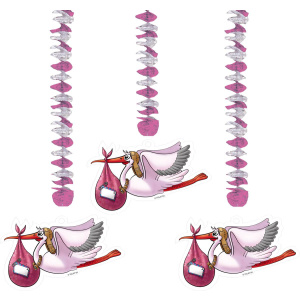 3 X BABY SHOWER STORK GIRL/PINK HANGING DECORATIONS