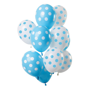 12 X BLUE & WHITE POLKA DOT BALLOONS - 30CM