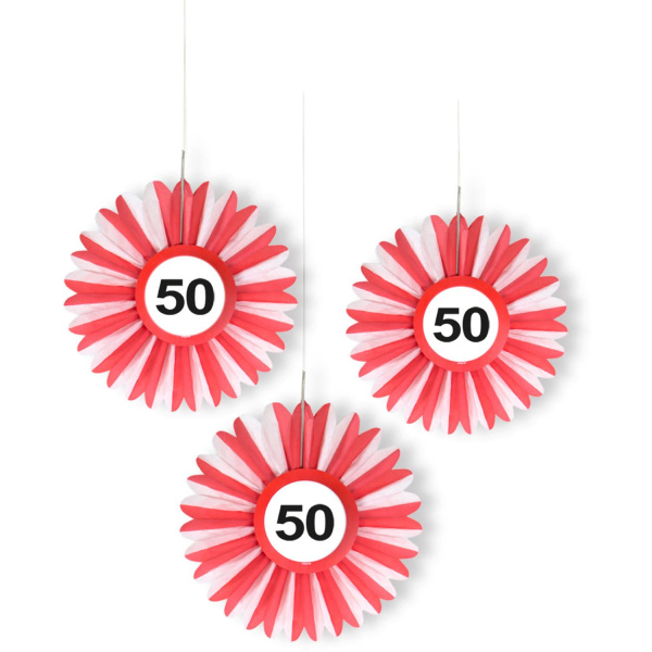 3 X 50TH BIRTHDAY HONEYCOMB FAN TRAFFIC SIGN