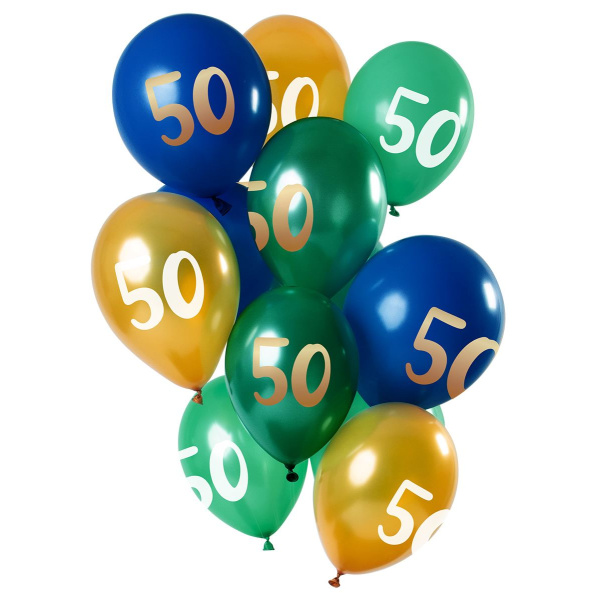 12 X 50TH BIRTHDAY BALLOONS GREEN & GOLD - 30CM