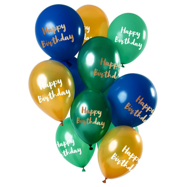 12 X HAPPY BIRTHDAY GREEN & GOLD BALLOONS - 30CM