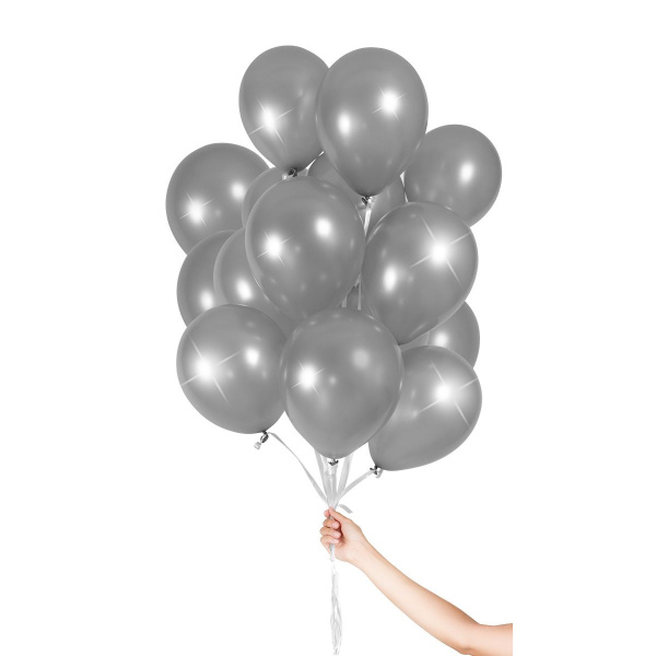 30 X SILVER BALLOONS WITH RIBBON - 23CM