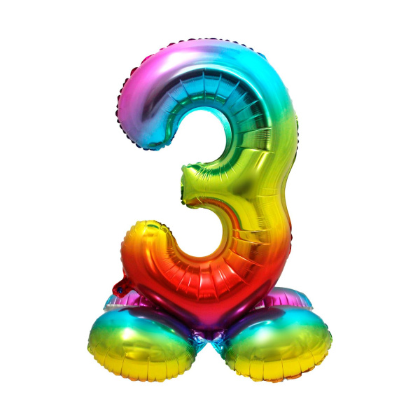 NUMBER 3 RAINBOW FOIL BALLOON WITH BASE - 72CM