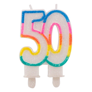 50TH BIRTHDAY MULTICOLOURED GLITTER CANDLE - 9CM