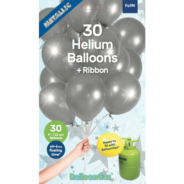 30 X SILVER BALLOONS WITH RIBBON - 23CM