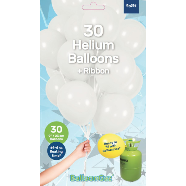 30 X WHITE BALLOONS WITH RIBBON - 23CM