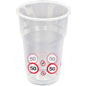 10 X 50TH BIRTHDAY PLASTIC CUPS TRAFFIC SIGNS - 250ML