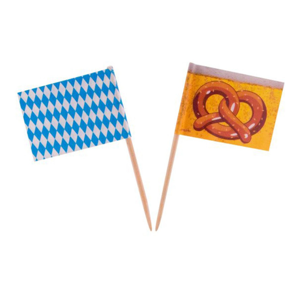 50 X OKTOBERFEST FLAG PARTY PICKS - 6.5CM