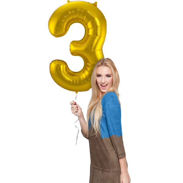 NUMBER 3 GOLD METALLIC FOIL BALLOON - 86CM