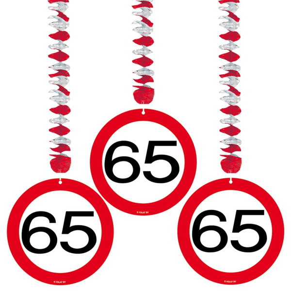 3 X 65TH BIRTHDAY HANGING DECS TRAFFIC SIGN