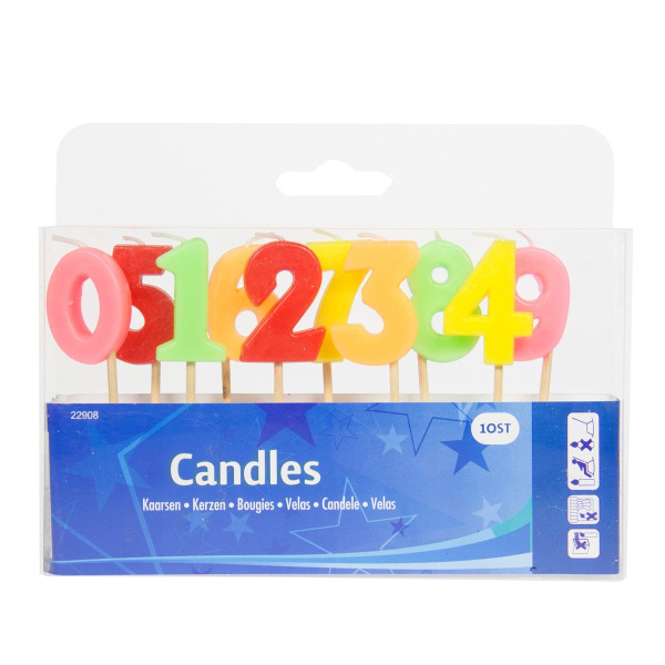 MULTICOLOURED NUMBERS 0-9 CANDLE SET - 9CM