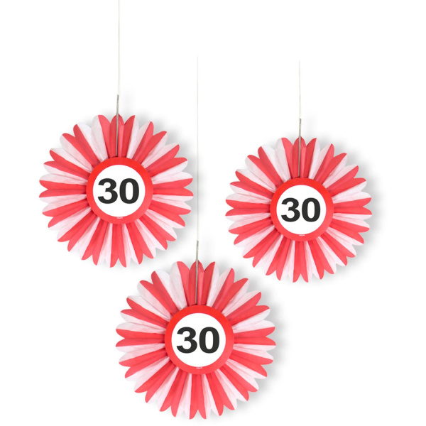 3 X 30TH BIRTHDAY HONEYCOMB FAN TRAFFIC SIGN