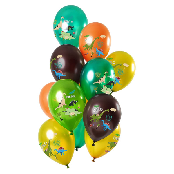 12 X CARTOON DINOSAUR MULTICOLOURED BALLOONS - 30CM