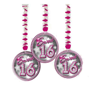 3 X SWEET 16TH BIRTHDAY HANGING DECORATIONS