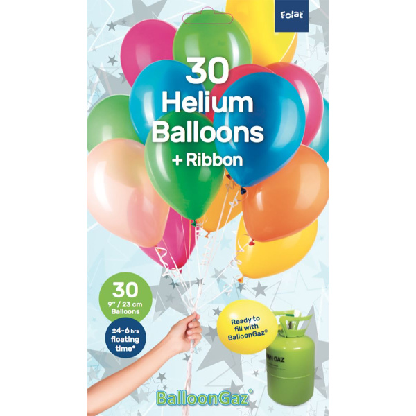 30 X MULTICOLOURED BALLOONS WITH RIBBON - 23CM