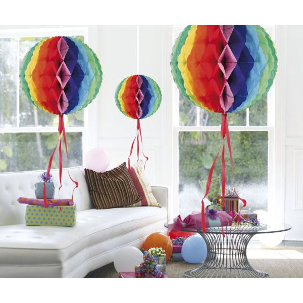 3 X MULTICOLOURED HANGING HONEYCOMB BALL - ASSTD SIZES