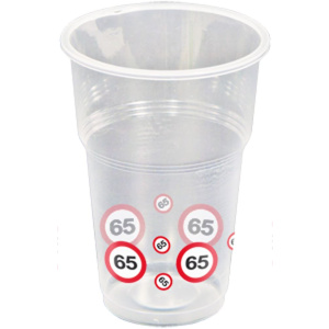 10 X 65TH BIRTHDAY PLASTIC CUPS TRAFFIC SIGNS - 250ML