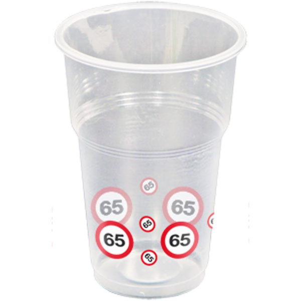 10 X 65TH BIRTHDAY PLASTIC CUPS TRAFFIC SIGNS - 250ML