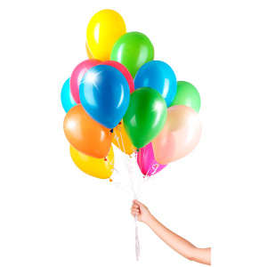 30 X COLOURFUL METALLIC BALLOONS WITH RIBBON - 23CM