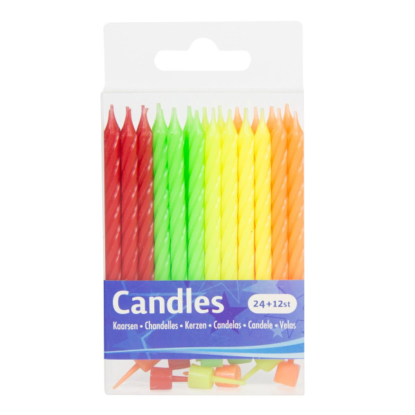 24 X NEON MULTICOLOURED BIRTHDAY CANDLES - 6CM