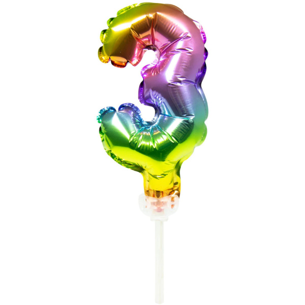 NUMBER 3 RAINBOW FOIL BALLOON CAKE TOPPER - 13CM