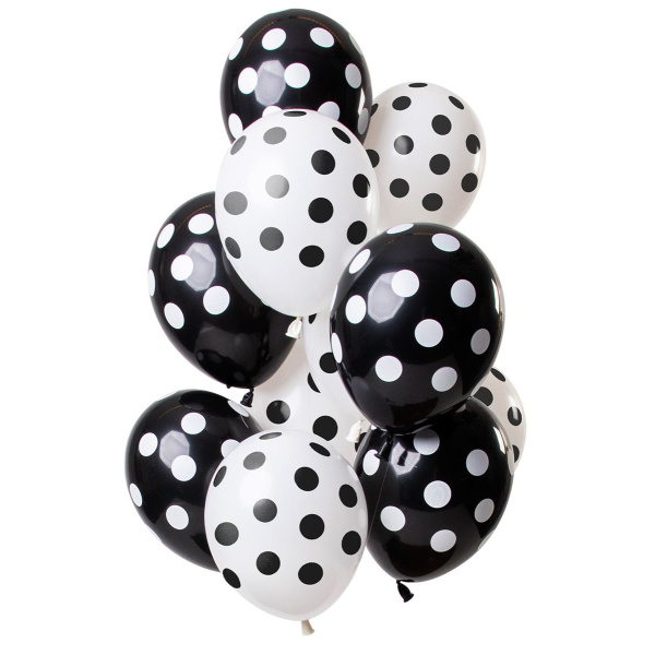 12 X BLACK & WHITE POLKA DOT BALLOONS - 30CM