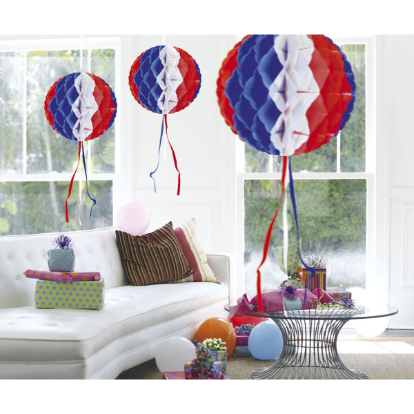 USA RED, WHITE & BLUE HONEYCOMB HANGING BALL - 30CM