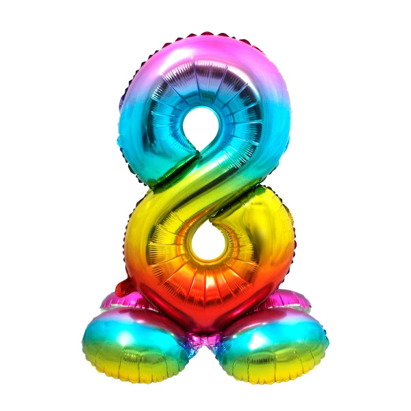 NUMBER 8 RAINBOW FOIL BALLOON WITH BASE - 72CM