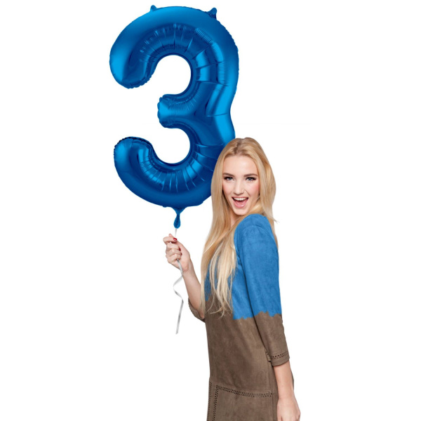 NUMBER 3 BLUE METALLIC FOIL BALLOON - 86CM