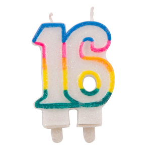 16TH BIRTHDAY MULTICOLOURED GLITTER CANDLE - 9CM