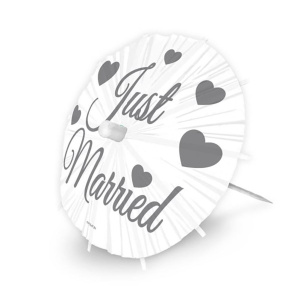 8 X JUST MARRIED UMBRELLA COCKTAIL PICKS - 20CM