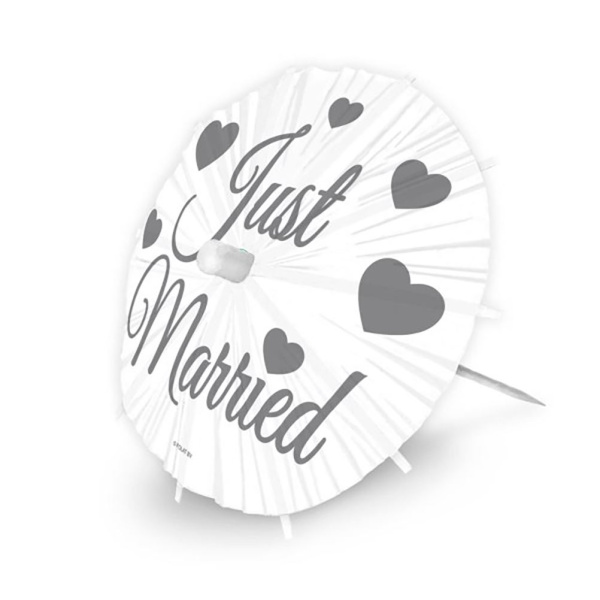 8 X JUST MARRIED UMBRELLA COCKTAIL PICKS - 20CM