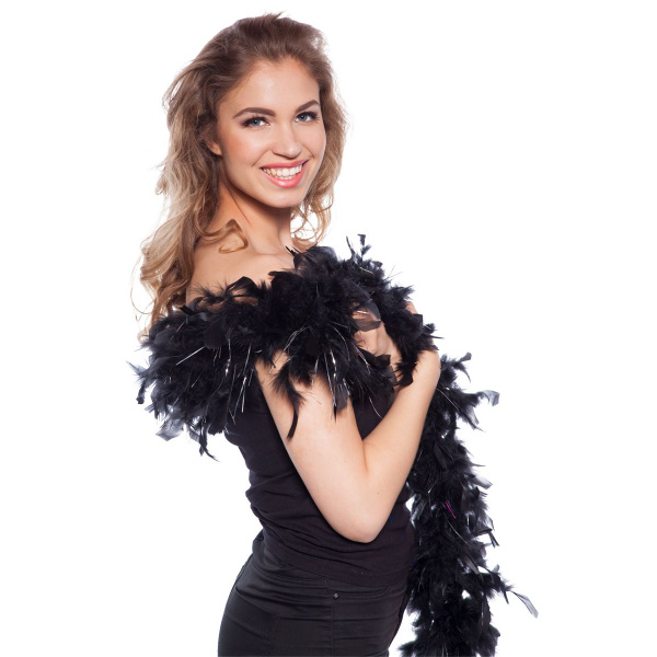 PREMIUM BLACK FEATHER BOA WITH SILVER TINSEL - 1.8M