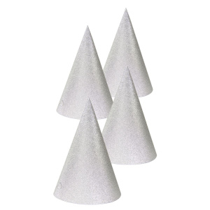 4 X SILVER GLITTER PARTY HATS - 22CM