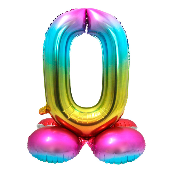 NUMBER 0 RAINBOW FOIL BALLOON WITH BASE - 72CM