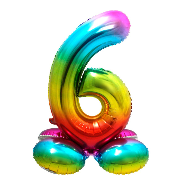 NUMBER 6 RAINBOW FOIL BALLOON WITH BASE - 72CM