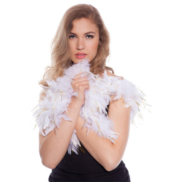 PREMIUM WHITE FEATHER BOA WITH GOLD TINSEL - 1.8M