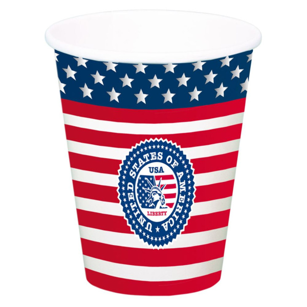 8 X USA STARS & STRIPES XL PAPER CUPS - 700ML