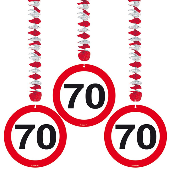 3 X 70TH BIRTHDAY HANGING DECS TRAFFIC SIGN