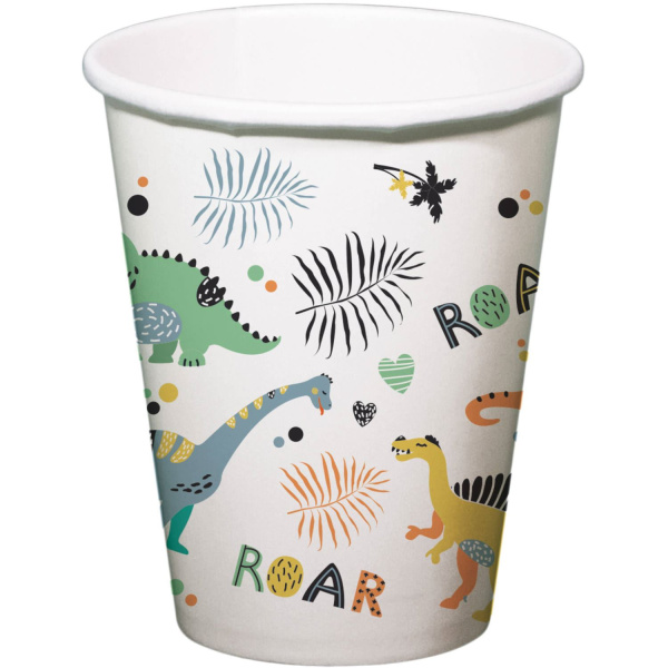 6 X CARTOON DINO ROARS PAPER PARTY CUPS - 250ML