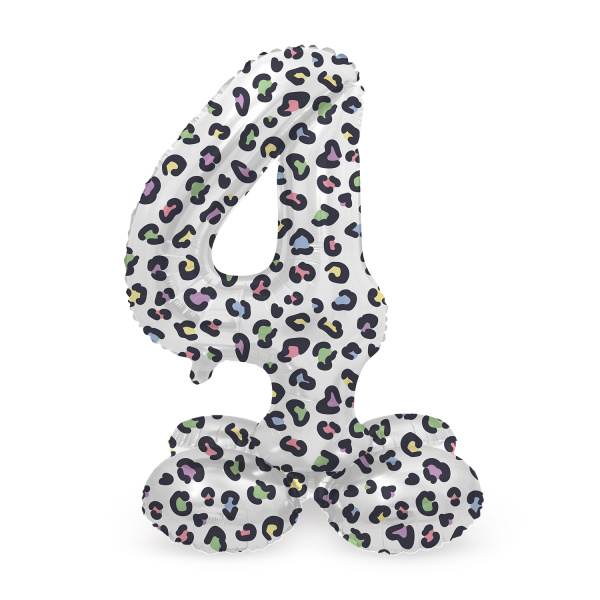 NUMBER 4 BRIGHT LEOPARD FOIL BALLOON & BASE - 72CM