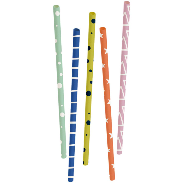 20 X PAPER STRAWS MULTICOLOURED PATTERNS - 20CM